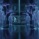 Digital wireframe human figures stand in a futuristic room with floating network diagrams and data displayed on screens and walls.