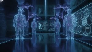 Digital wireframe human figures stand in a futuristic room with floating network diagrams and data displayed on screens and walls.