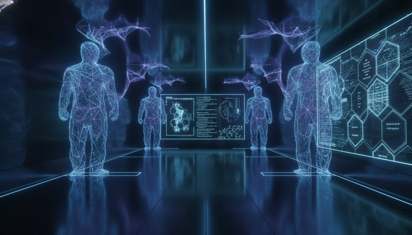 Digital wireframe human figures stand in a futuristic room with floating network diagrams and data displayed on screens and walls.