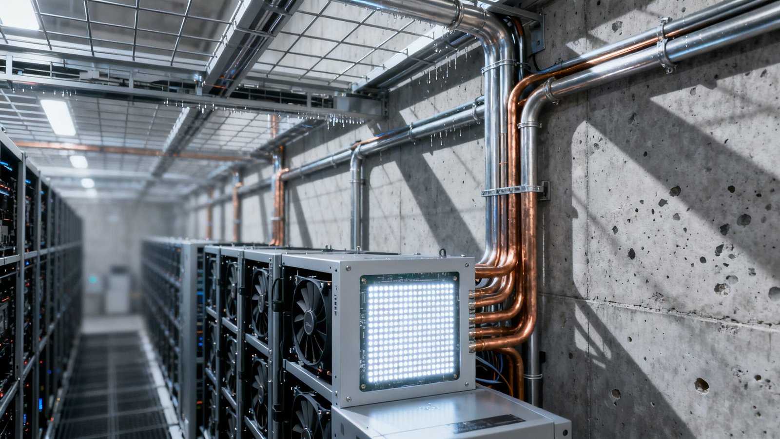 Rows of computer servers and cooling fans, supporting cutting-edge Neuro-Symbolic AI, are arranged along a corridor in an industrial room with exposed concrete walls and metal pipes.