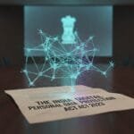 A digital network graphic hovers above a document labeled "The India Digital Personal Data Protection Act 2023" on a conference table in a modern meeting room.