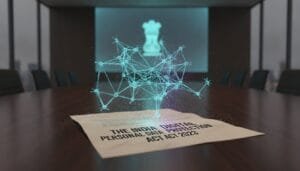 A digital network graphic hovers above a document labeled "The India Digital Personal Data Protection Act 2023" on a conference table in a modern meeting room.