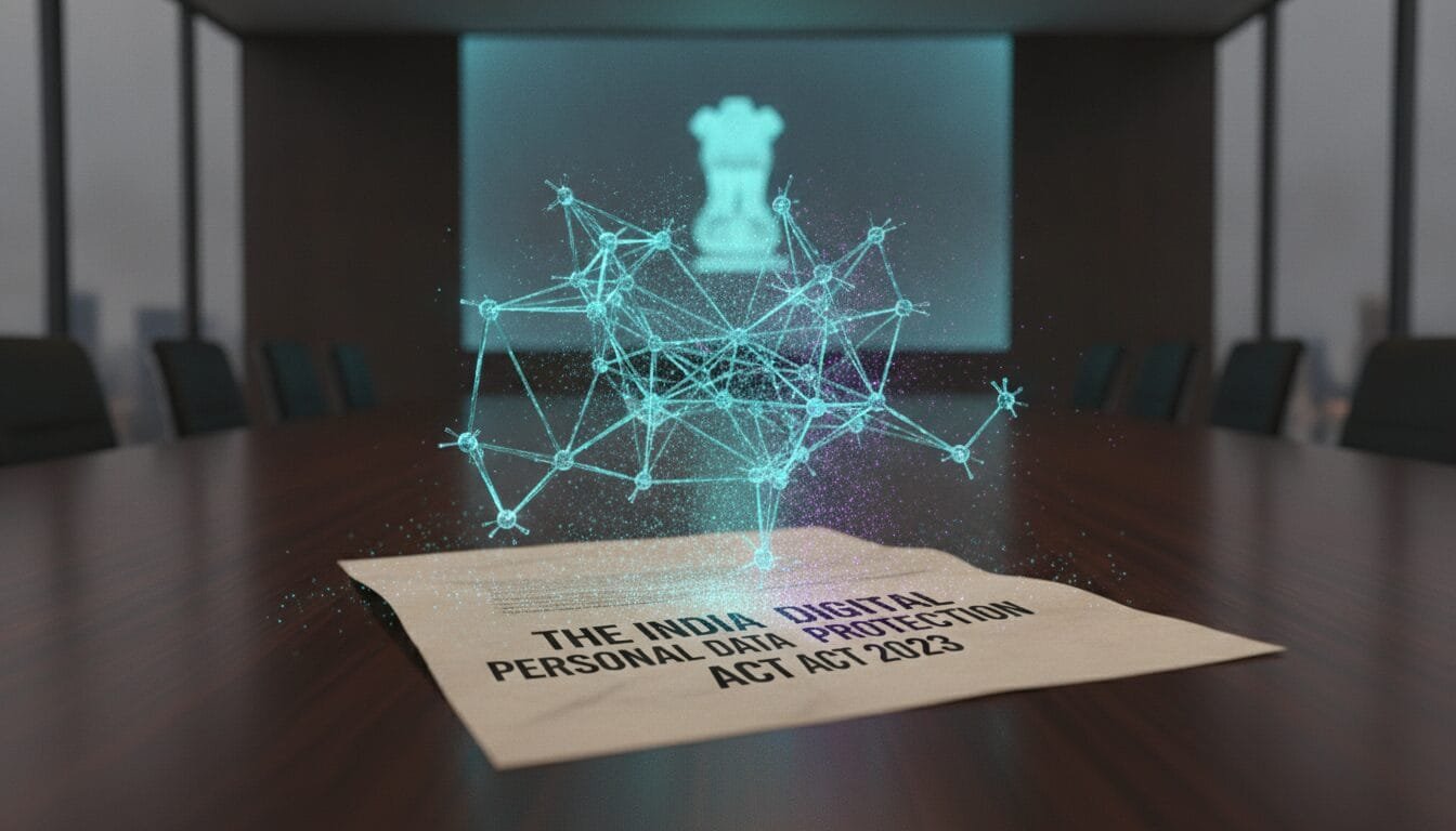 A digital network graphic hovers above a document labeled "The India Digital Personal Data Protection Act 2023" on a conference table in a modern meeting room.