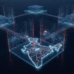 A digital map of India is connected to four glowing data blocks, representing a network or blockchain concept over a dark background.