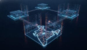 A digital map of India is connected to four glowing data blocks, representing a network or blockchain concept over a dark background.