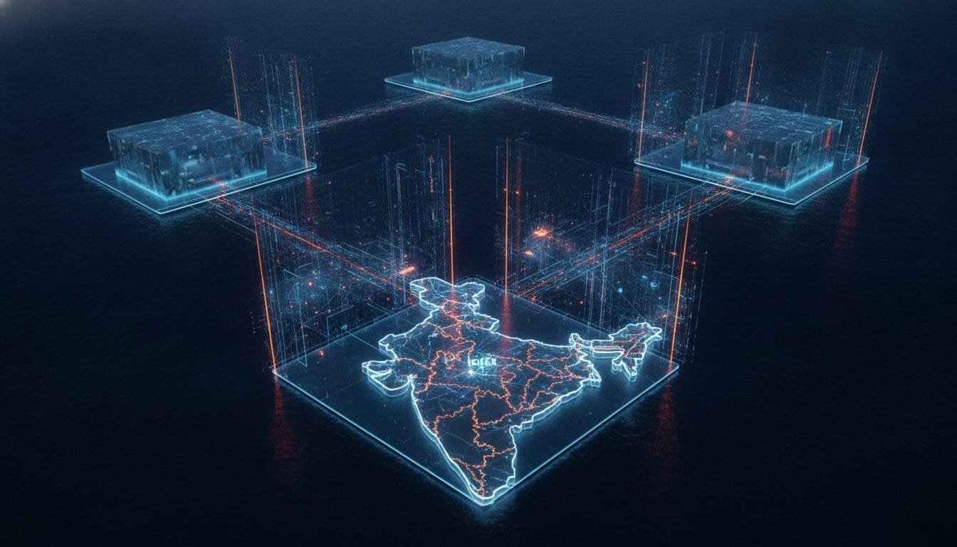 A digital map of India is connected to four glowing data blocks, representing a network or blockchain concept over a dark background.
