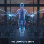 A digital human figure with data streams and screens hovers above empty chairs in a dark city-view room. Text reads “THE COMPUTE SHIFT.”.