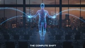 A digital human figure with data streams and screens hovers above empty chairs in a dark city-view room. Text reads “THE COMPUTE SHIFT.”.