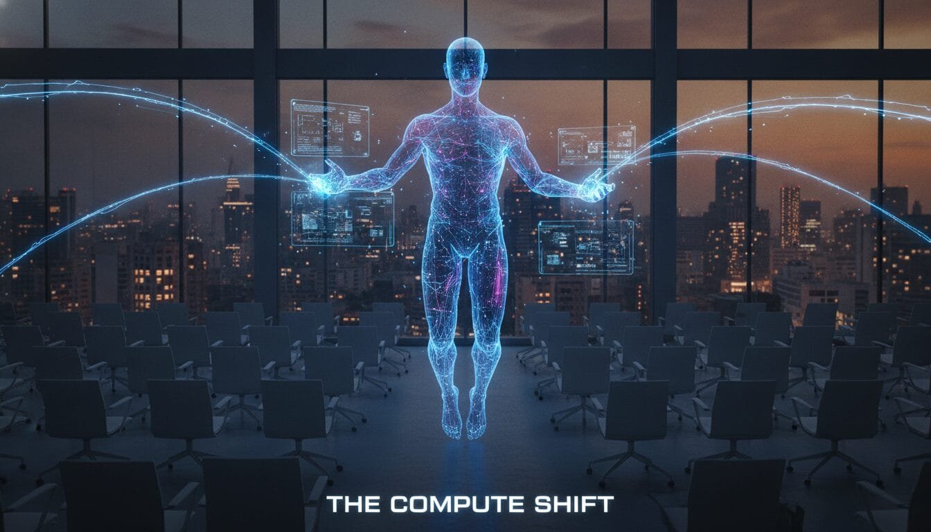 A digital human figure with data streams and screens hovers above empty chairs in a dark city-view room. Text reads &ldquo;THE COMPUTE SHIFT.&rdquo;.