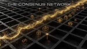 A grid with glowing yellow lines and geometric shapes, representing data flow, under the text "THE CONSENSUS NETWORK.