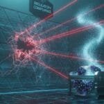 A futuristic machine shoots beams and particles, breaking through a glass cube labeled "Regulatory Compliance" in a digital, high-tech environment.
