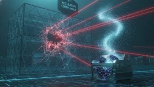 A futuristic machine shoots beams and particles, breaking through a glass cube labeled "Regulatory Compliance" in a digital, high-tech environment.