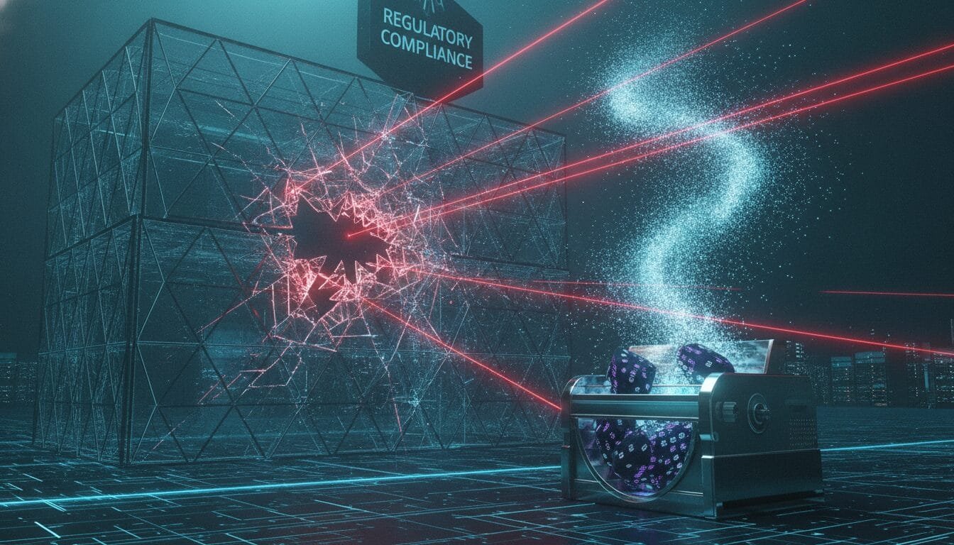 A futuristic machine shoots beams and particles, breaking through a glass cube labeled "Regulatory Compliance" in a digital, high-tech environment.