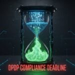 A digital hourglass with data symbols in the top half and green vapor in the bottom half, with the text "DPDP Compliance Deadline" below.