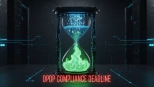 A digital hourglass with data symbols in the top half and green vapor in the bottom half, with the text "DPDP Compliance Deadline" below.