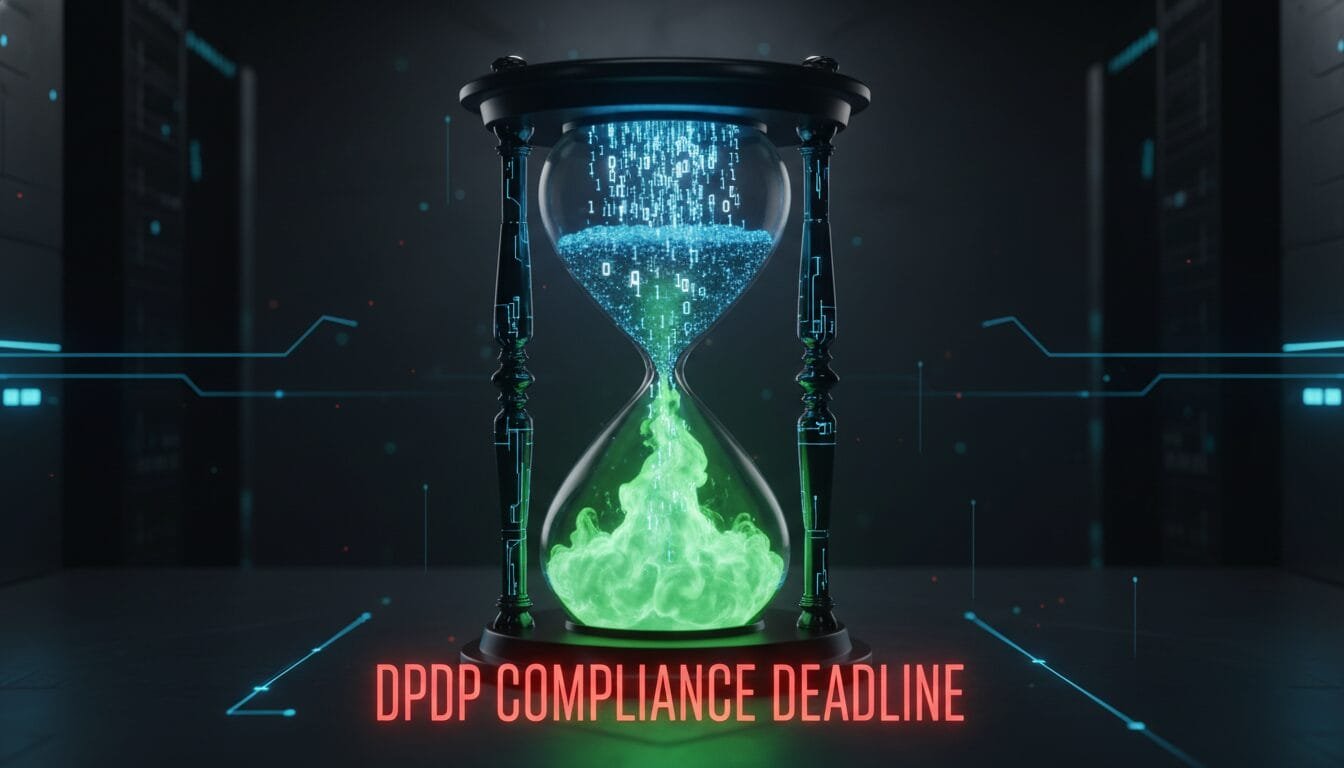 A digital hourglass with data symbols in the top half and green vapor in the bottom half, with the text "DPDP Compliance Deadline" below.