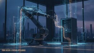 A robotic arm connected to a server emits glowing digital effects in a modern industrial setting, with large windows overlooking a cityscape at dusk.