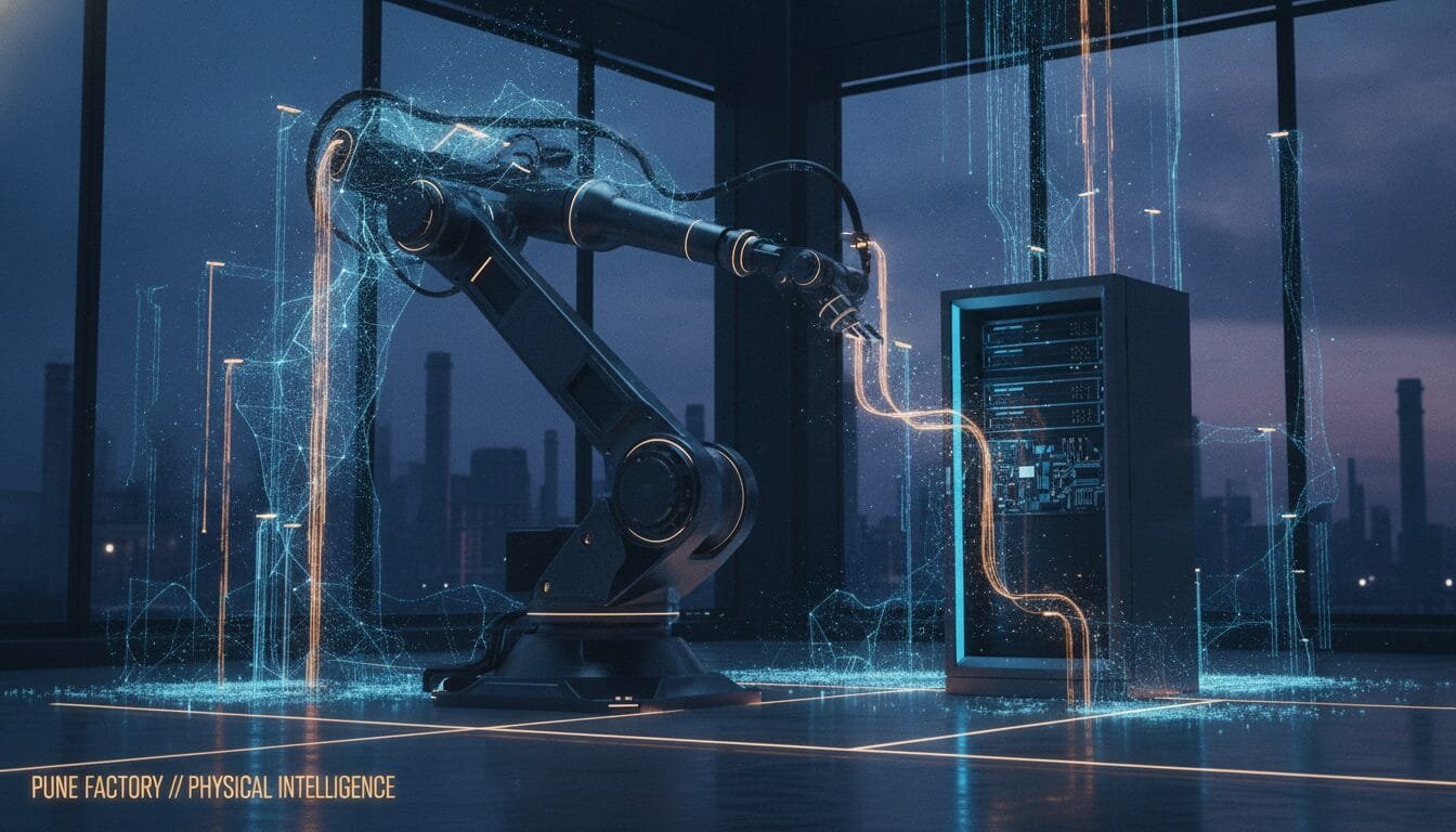 A robotic arm connected to a server emits glowing digital effects in a modern industrial setting, with large windows overlooking a cityscape at dusk.