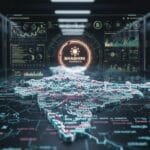 A digital map of India with data visualizations and charts appears on a transparent screen, labeled "Bhashini Sovereign AI," set in a server room environment.