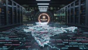 A digital map of India with data visualizations and charts appears on a transparent screen, labeled "Bhashini Sovereign AI," set in a server room environment.