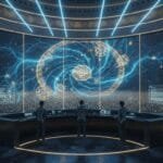 Three people stand at control desks in a futuristic room, observing a large digital spiral and data displays on a curved screen covering the wall.