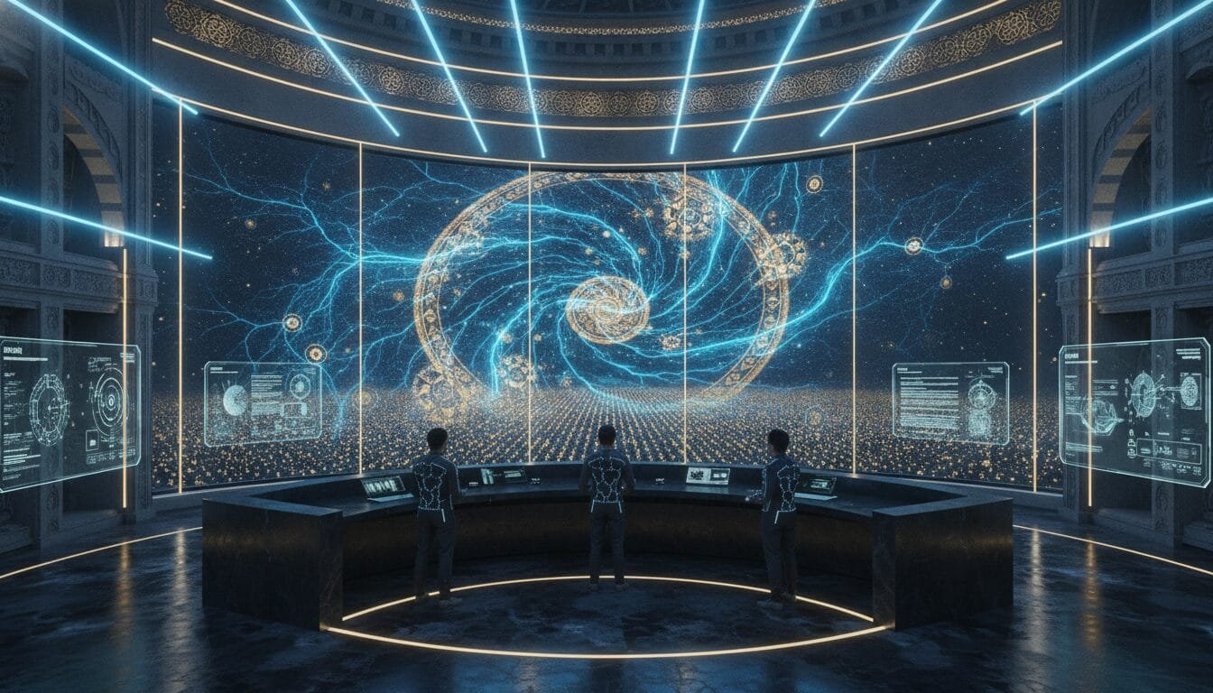 Three people stand at control desks in a futuristic room, observing a large digital spiral and data displays on a curved screen covering the wall.