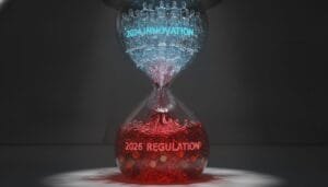 A glass hourglass with blue liquid labeled “2024 Innovation” flowing into red liquid labeled “2026 Regulation.”.