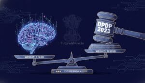 A digital illustration shows a brain (1.5 kg) and a gavel labeled “DPDP 2023” (12.8 kg) on a balance scale, with the gavel outweighing the brain.