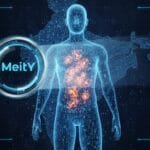 Digital illustration of a human silhouette with highlighted internal organs, the word "MeitY" in a circular graphic, and a map of India in the background.