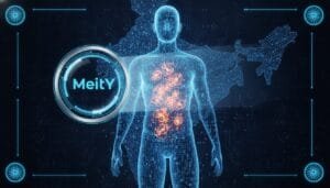 Digital illustration of a human silhouette with highlighted internal organs, the word "MeitY" in a circular graphic, and a map of India in the background.