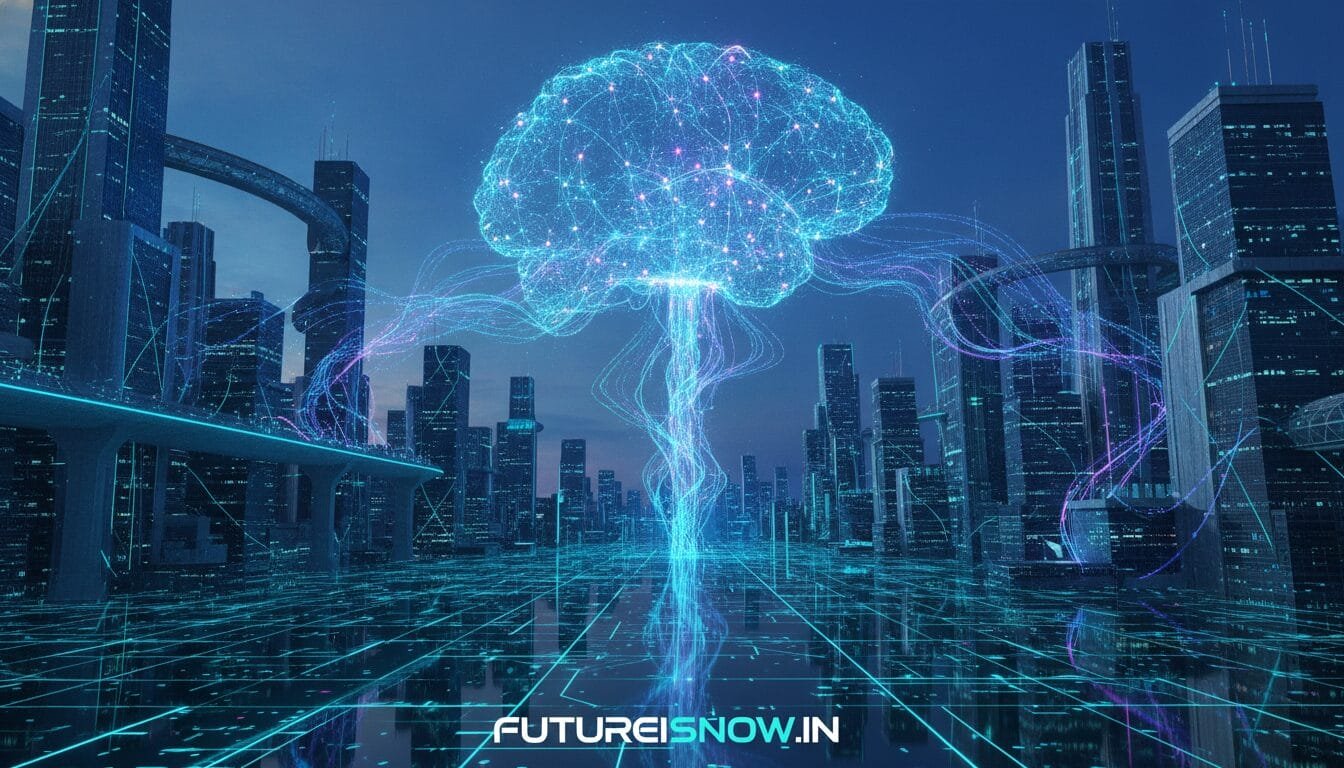 A glowing digital brain floats above a futuristic cityscape, with neon lines connecting it to skyscrapers; the words "FUTUREISNOW.IN" appear at the bottom.