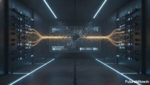 A futuristic server room with digital data streams converging and causing a central glass-like panel to shatter, surrounded by illuminated technology panels.