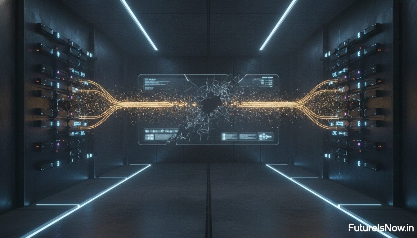 A futuristic server room with digital data streams converging and causing a central glass-like panel to shatter, surrounded by illuminated technology panels.