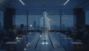 A holographic human figure is projected in the center of a conference room table, surrounded by business people during a meeting. Digital network graphics overlay the scene.