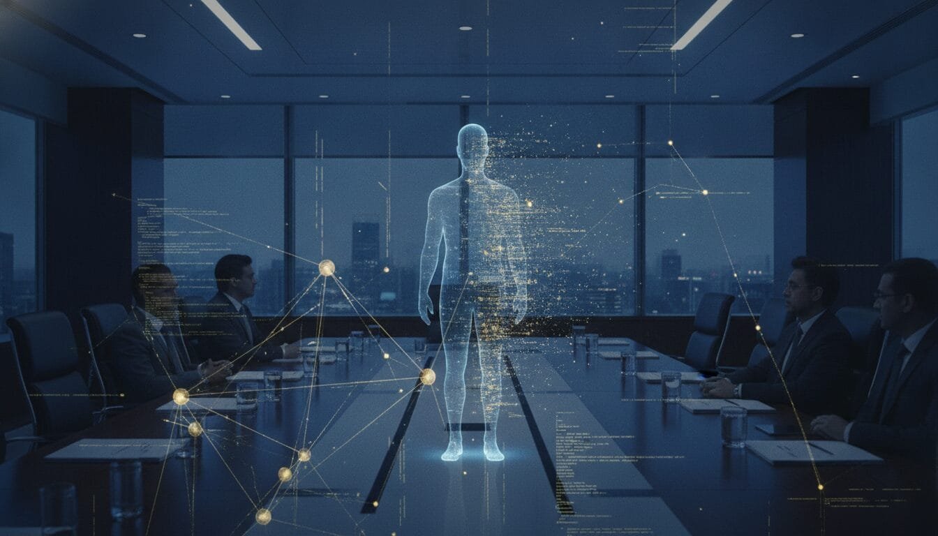 A holographic human figure is projected in the center of a conference room table, surrounded by business people during a meeting. Digital network graphics overlay the scene.