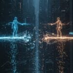 Two digital human figures, one labeled "Semantic Drift" in blue and the other "Protocol Deadlock" in orange, stand on platforms amid a futuristic cityscape with data fragments between them.