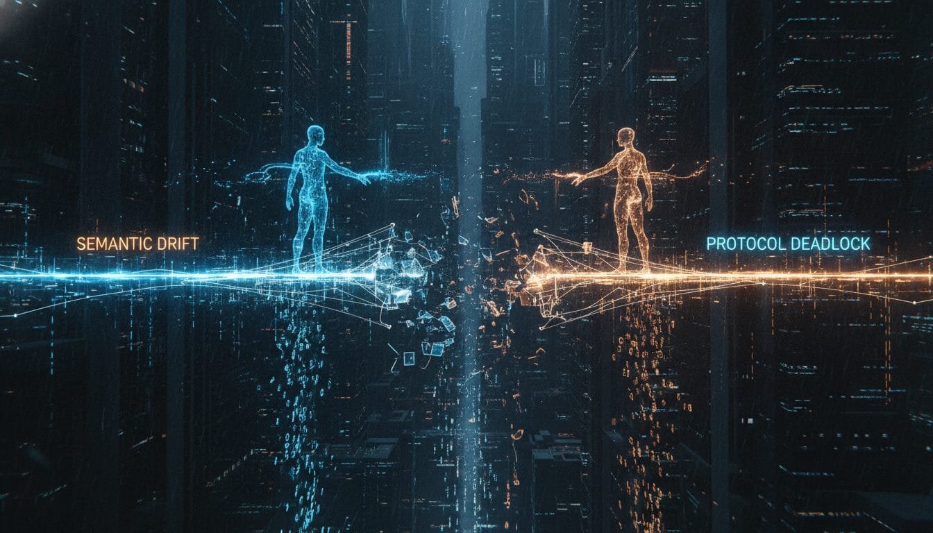Two digital human figures, one labeled "Semantic Drift" in blue and the other "Protocol Deadlock" in orange, stand on platforms amid a futuristic cityscape with data fragments between them.