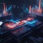 Futuristic digital interface showing two connected data servers with glowing lines and multiple financial graphs displayed in the background.