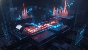 Futuristic digital interface showing two connected data servers with glowing lines and multiple financial graphs displayed in the background.