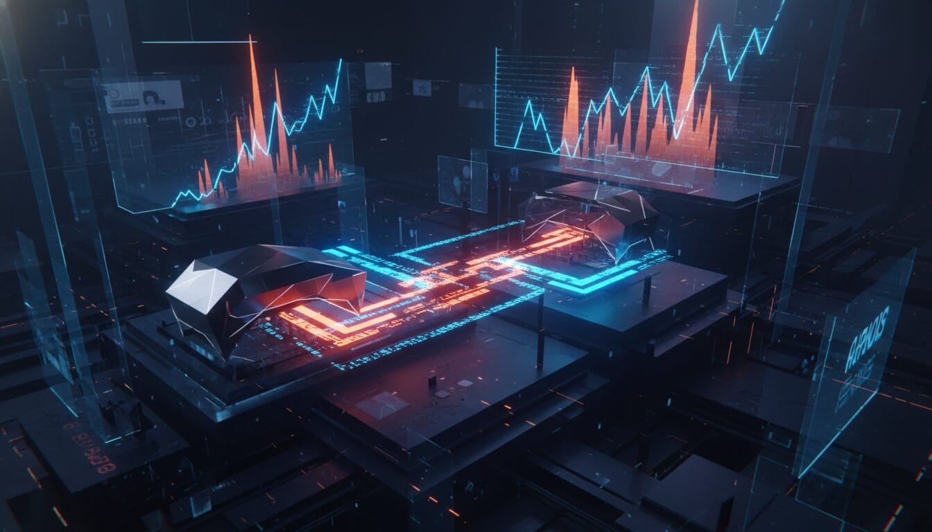 Futuristic digital interface showing two connected data servers with glowing lines and multiple financial graphs displayed in the background.