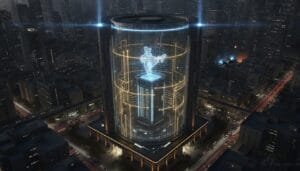 A cylindrical glass skyscraper in a city at night features a large illuminated hologram of a figure inside, with blue lights on the roof and surrounding traffic.