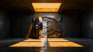 A large metal vault door, partially open and secured with heavy chains, stands in a dimly lit concrete room with sunlight streaming through a ceiling opening.