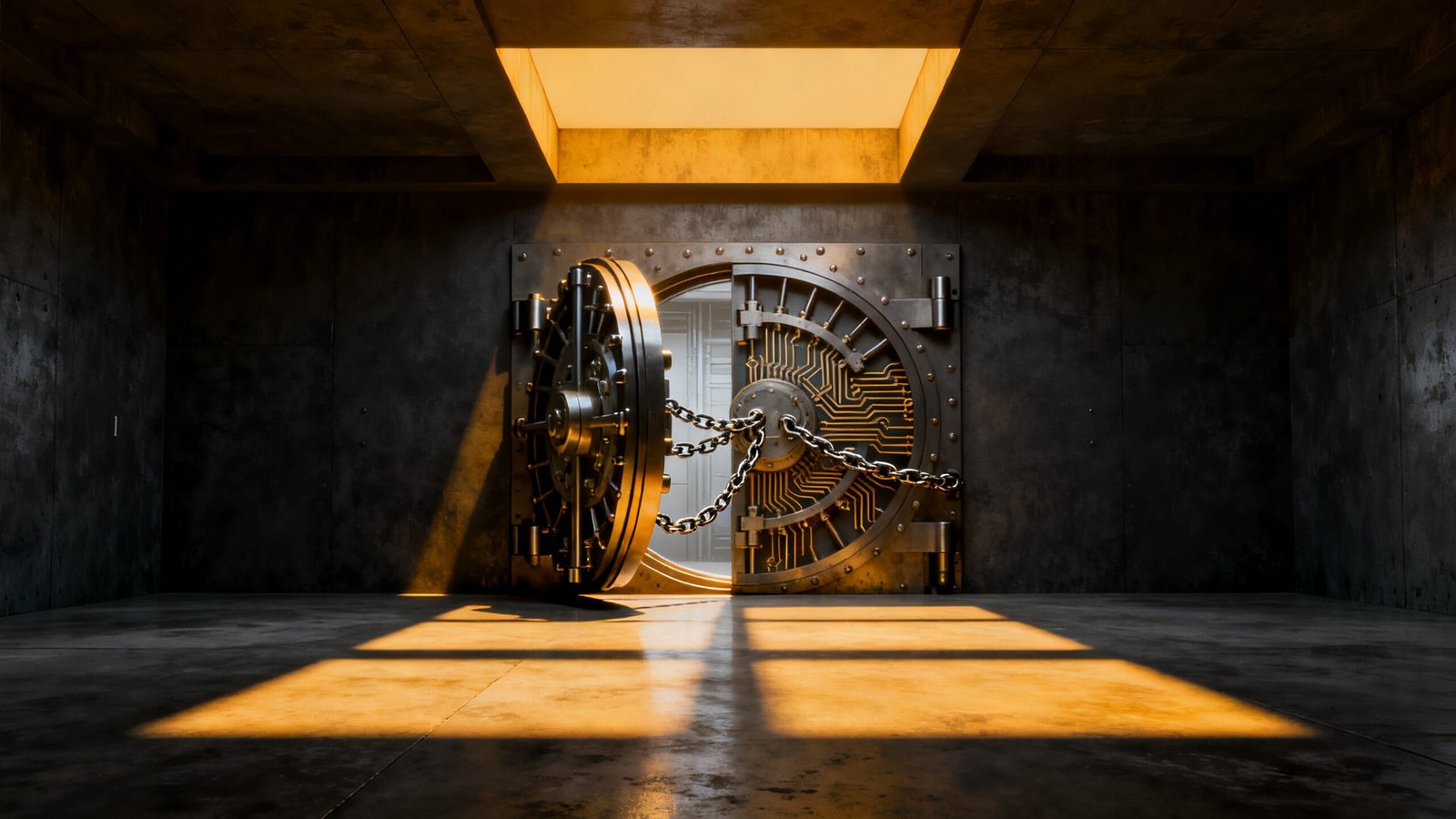 A large metal vault door, partially open and secured with heavy chains, stands in a dimly lit concrete room with sunlight streaming through a ceiling opening.