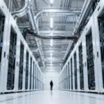 A person stands in a large server room with rows of server racks, visible cables, and industrial lighting overhead—a bustling hub powering an innovative AI startup.