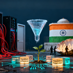 A digital plant grows amid servers, cables, legal icons, and cubes labeled with tech terms, with India’s flag and people silhouetted in the background.