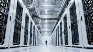 A person stands in a large server room with rows of server racks, visible cables, and industrial lighting overhead—a bustling hub powering an innovative AI startup.