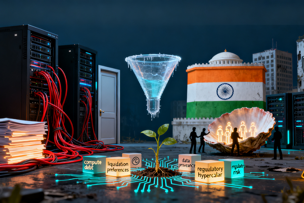 A digital plant grows amid servers, cables, legal icons, and cubes labeled with tech terms, with India&rsquo;s flag and people silhouetted in the background.