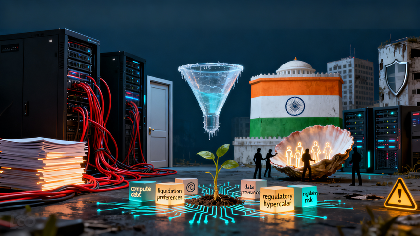 A digital plant grows amid servers, cables, legal icons, and cubes labeled with tech terms, with India’s flag and people silhouetted in the background.