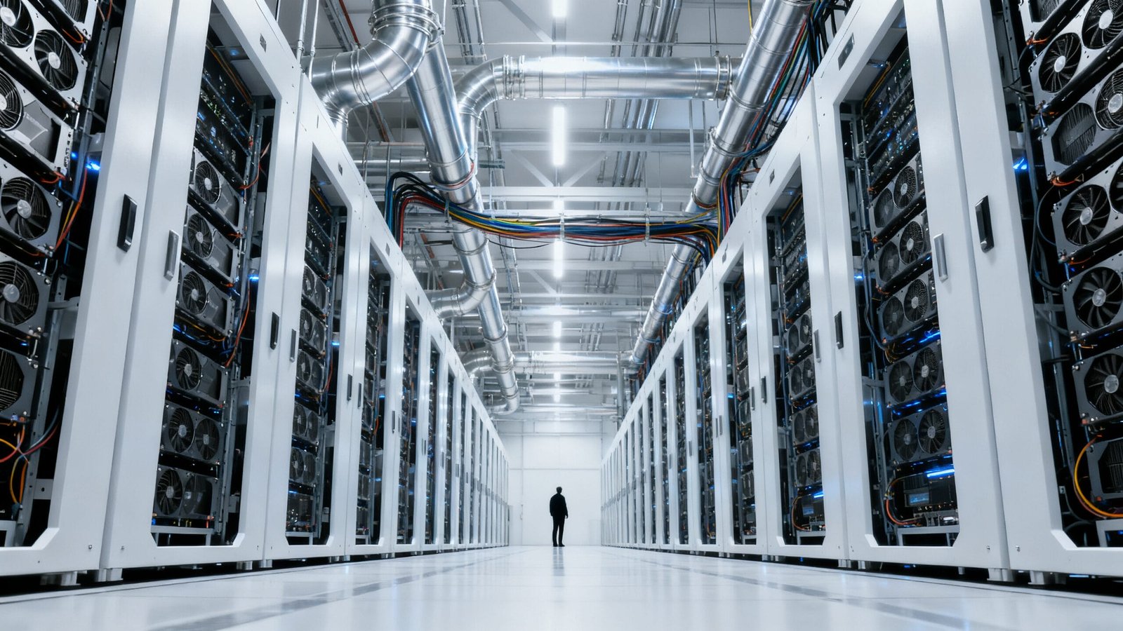 A person stands in a large server room with rows of server racks, visible cables, and industrial lighting overhead&mdash;a bustling hub powering an innovative AI startup.