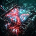 A glowing computer chip with red and blue lights sits atop a damaged circuit block, surrounded by tangled wires and broken electronics.